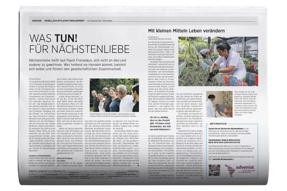 Seite aus DIE ZEIT mit einem Artikel zu: Was Tun! Für Nächstenliebe